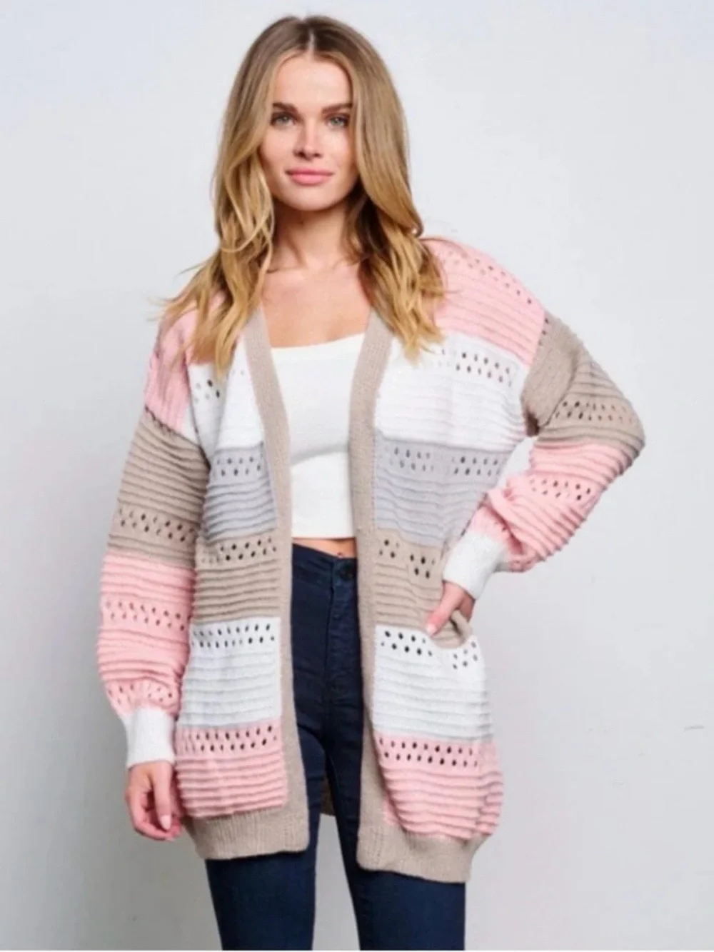 Tres Chic Boutique Open Front Knit Colorblock Cardigan New